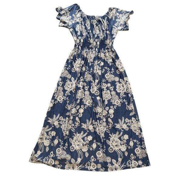 Kindred Womens 3X Blue Floral Smocked Maxi Dress Off/On-Shoulder Short-Sleeve - Picture 4 of 6